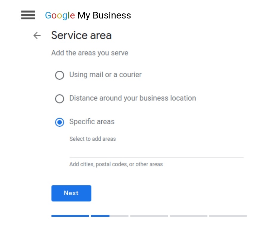 enter service area in GMB while adding business location