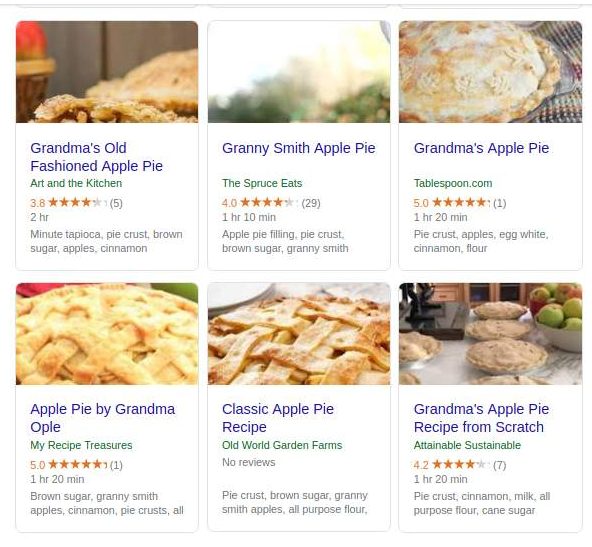 search results displaying recipes with preparation time, reviews and ratings