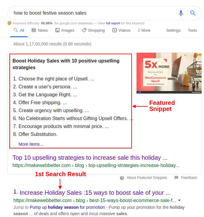 featured snippet appearing above the first search result on SERPs