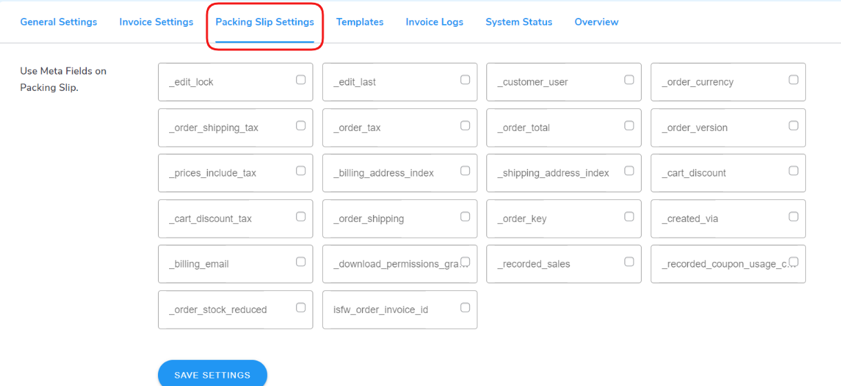 packing slip settings