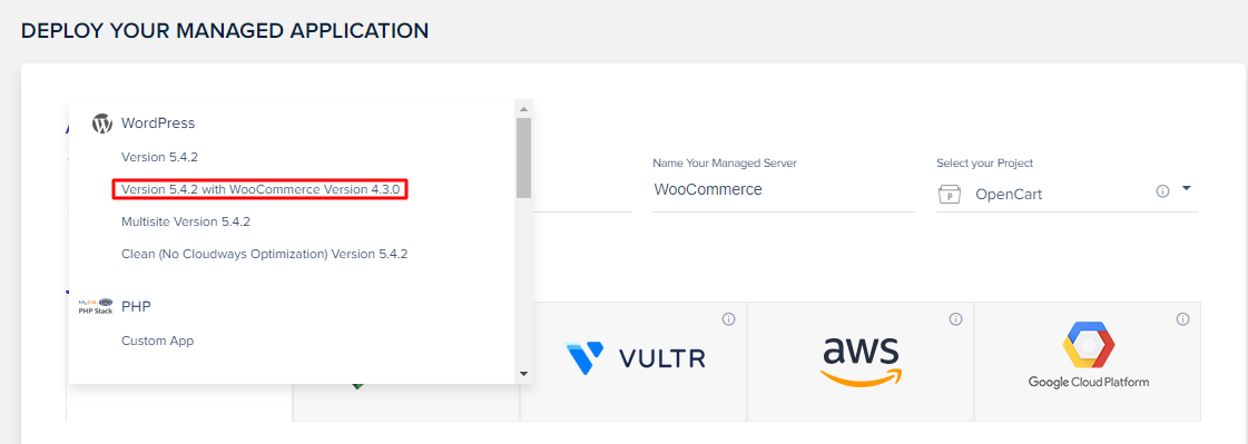 select application type in cloudways
