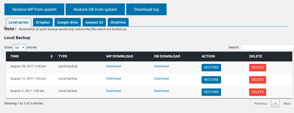 download and delete backups in Backup and Restore Plugin