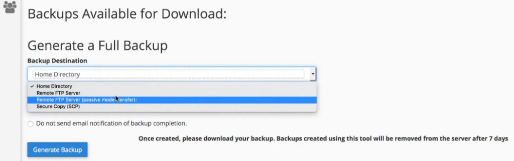 generating a full backup in cPanel 