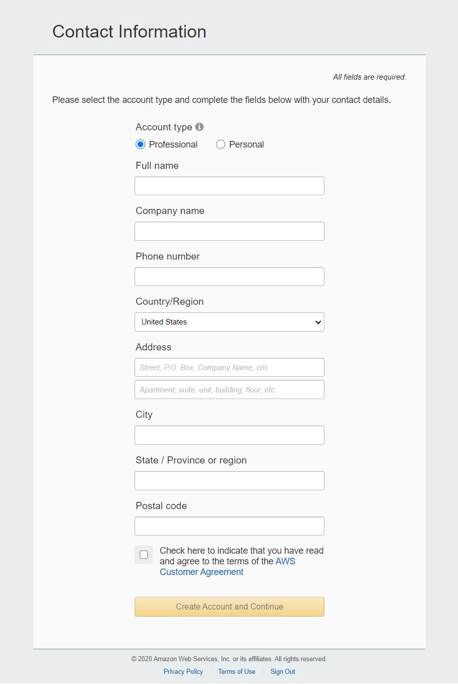 AWS registration form