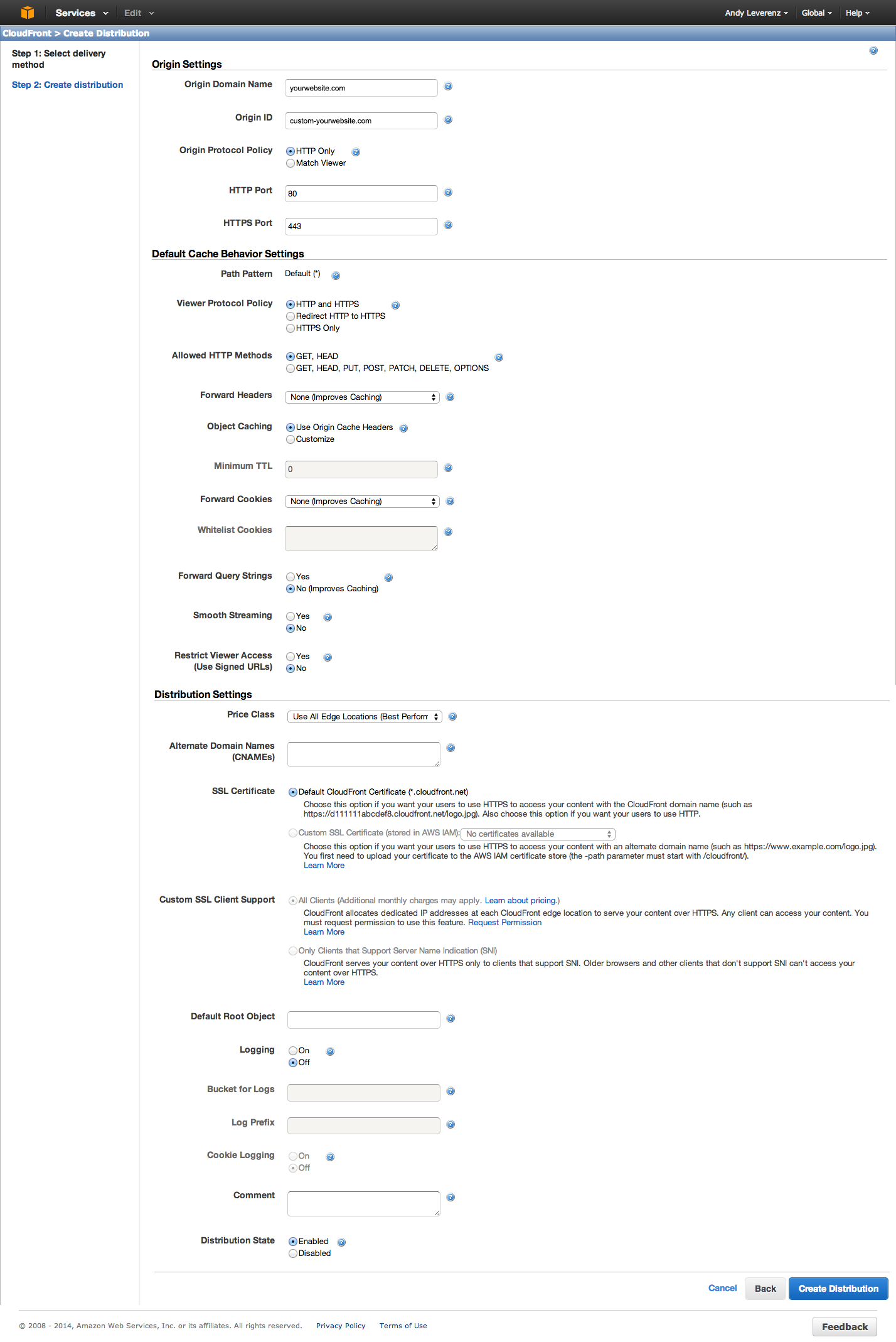 aws cloudfront distribution settings