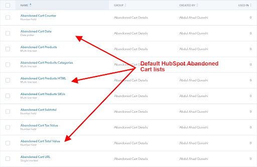 default abandoned cart lists