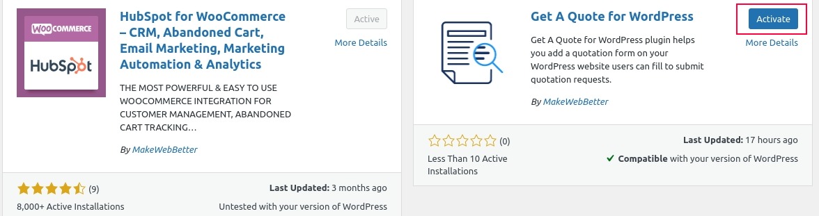 activate get a quote plugin