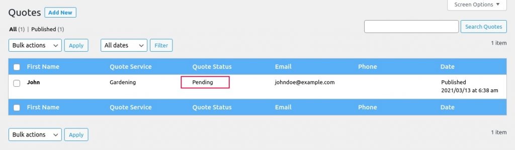 quotation status in backend