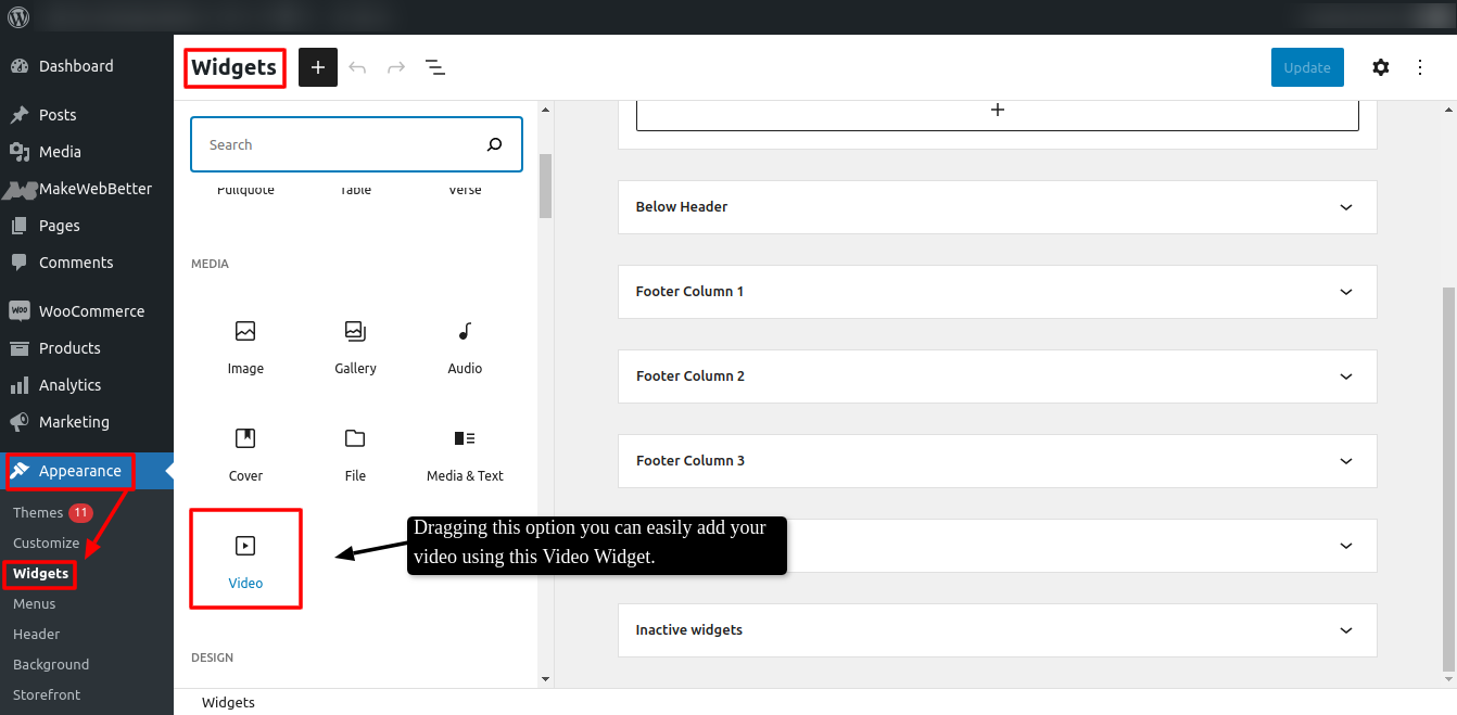 video widget WordPress add YouTube video step 1