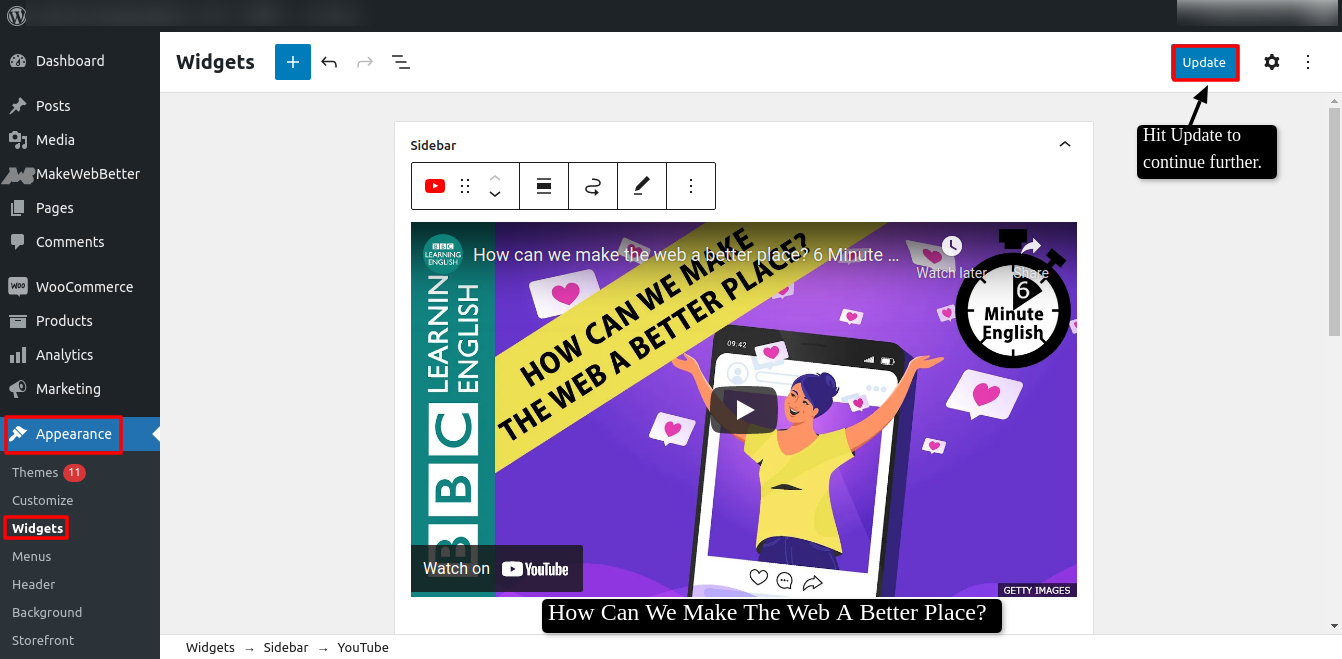 video widget WordPress add YouTube video step 5
