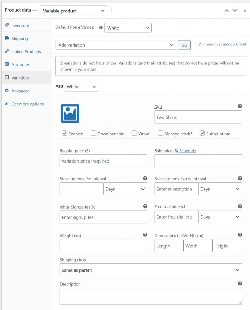 woocommerce subscription variation
