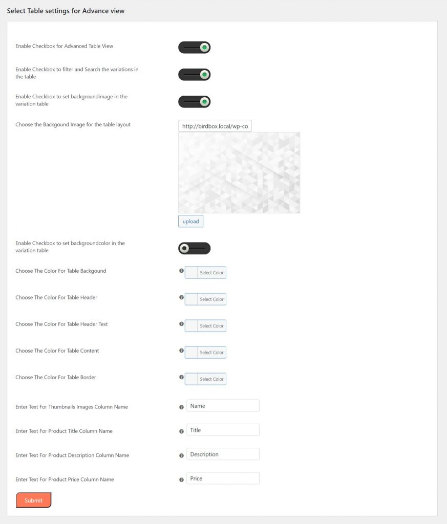 advance product variation table settings
