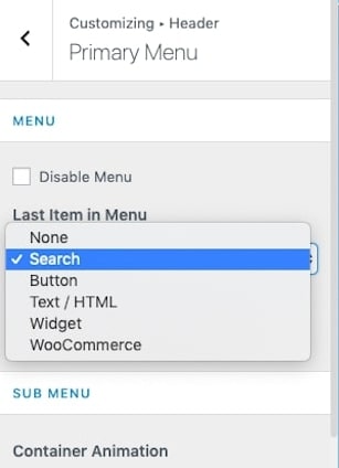 WordPress Search System primary menu