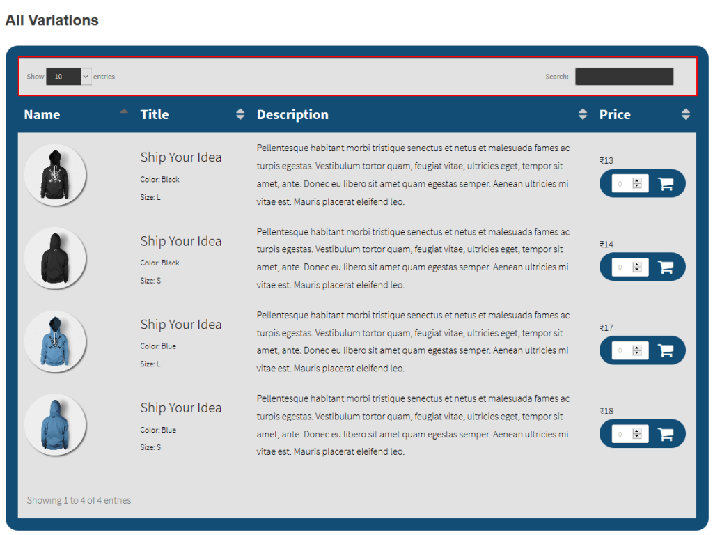 product variation table