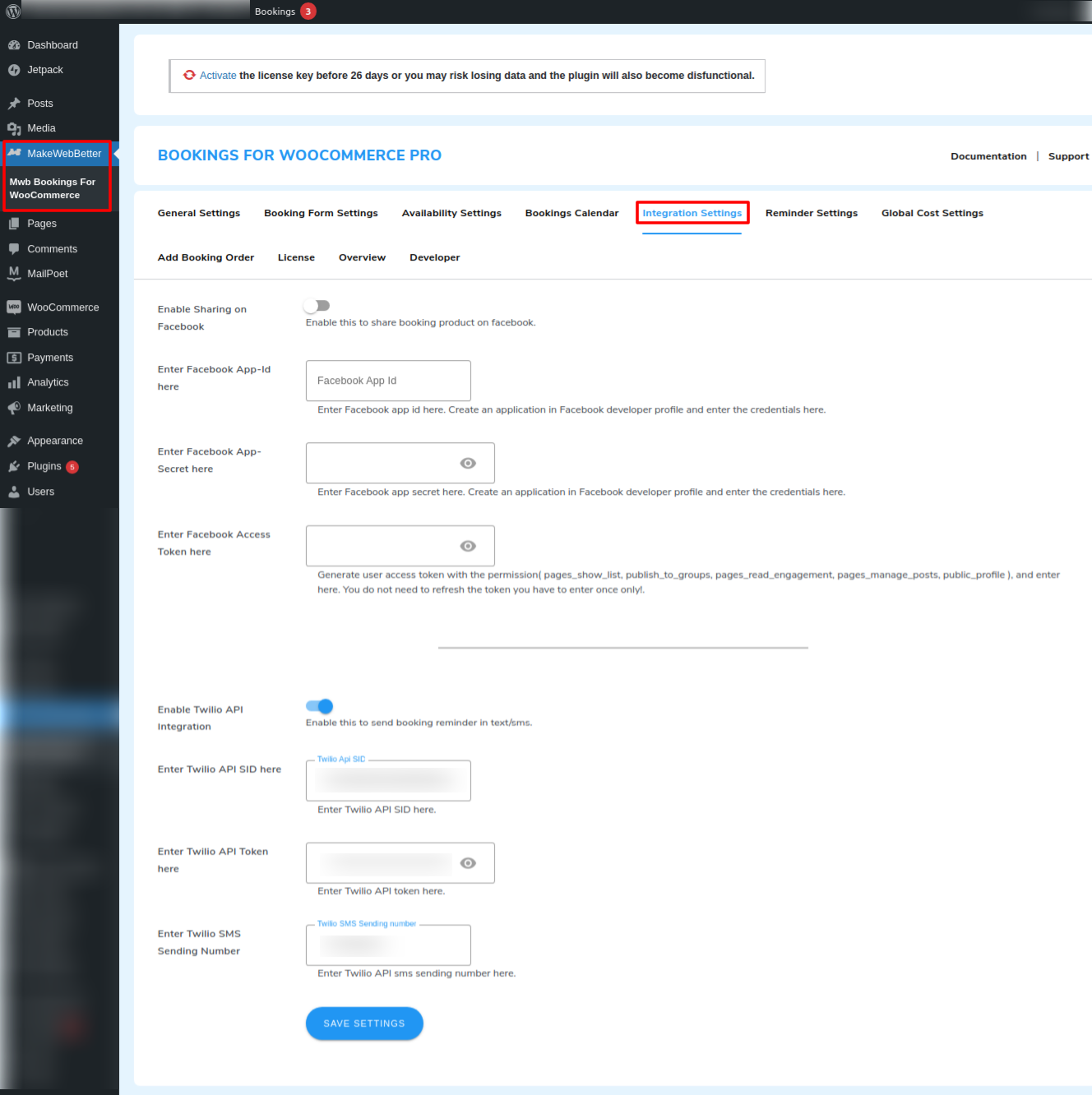 bookings integration settings