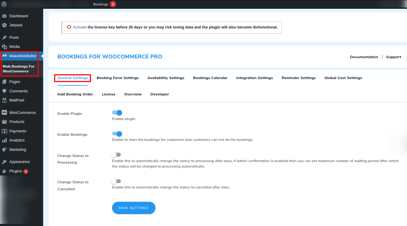 bookings plugin general settings