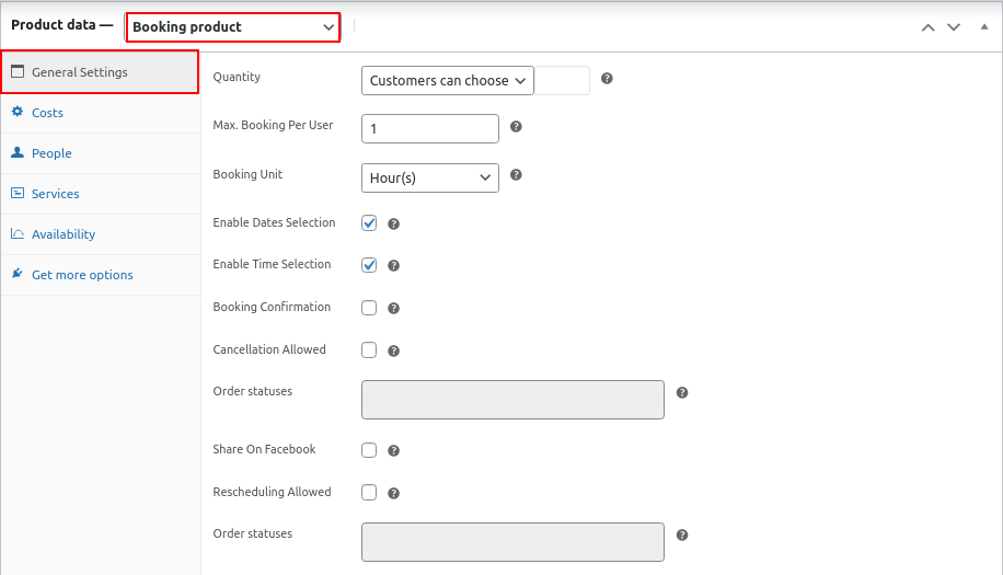 bookings product data settings