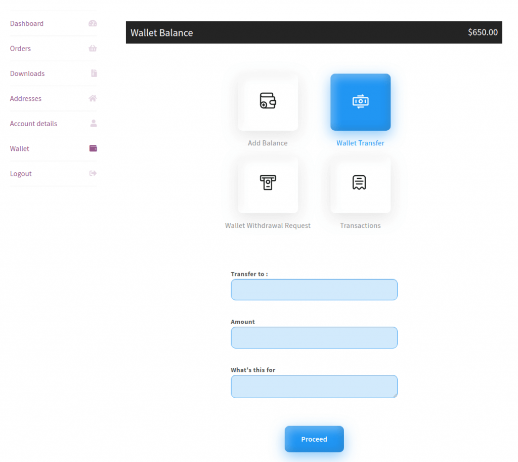 transfering wallet balance to to other users 