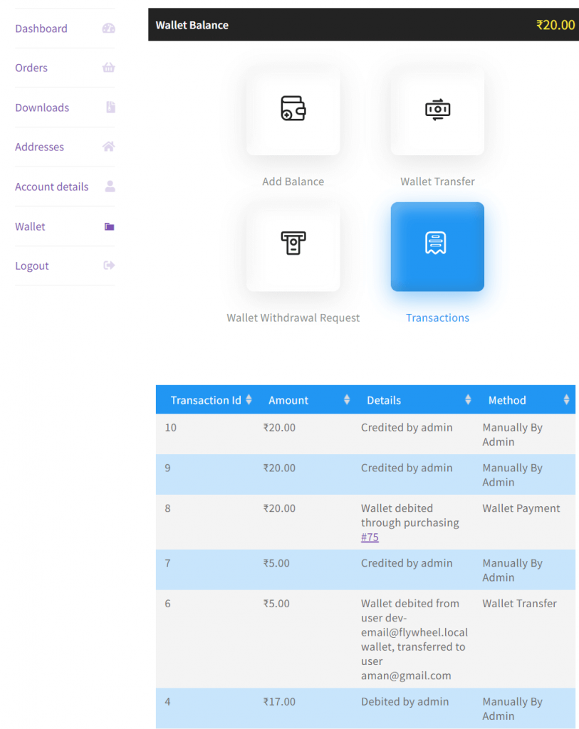 customer wallet transactions 