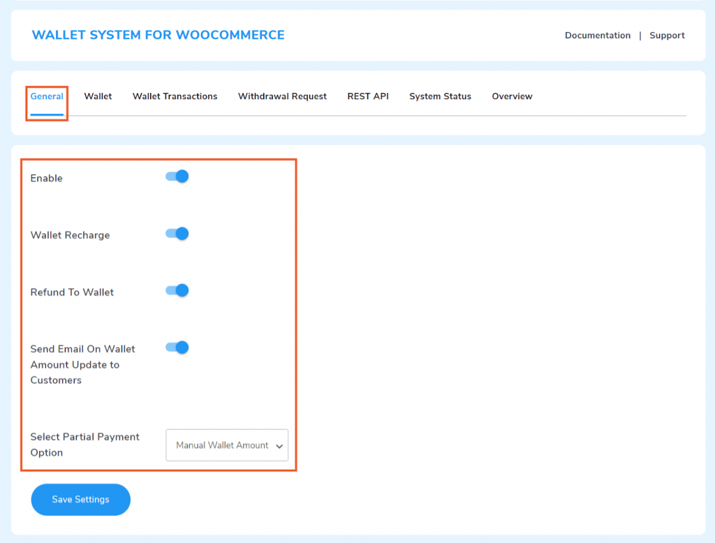 wallet system general settings