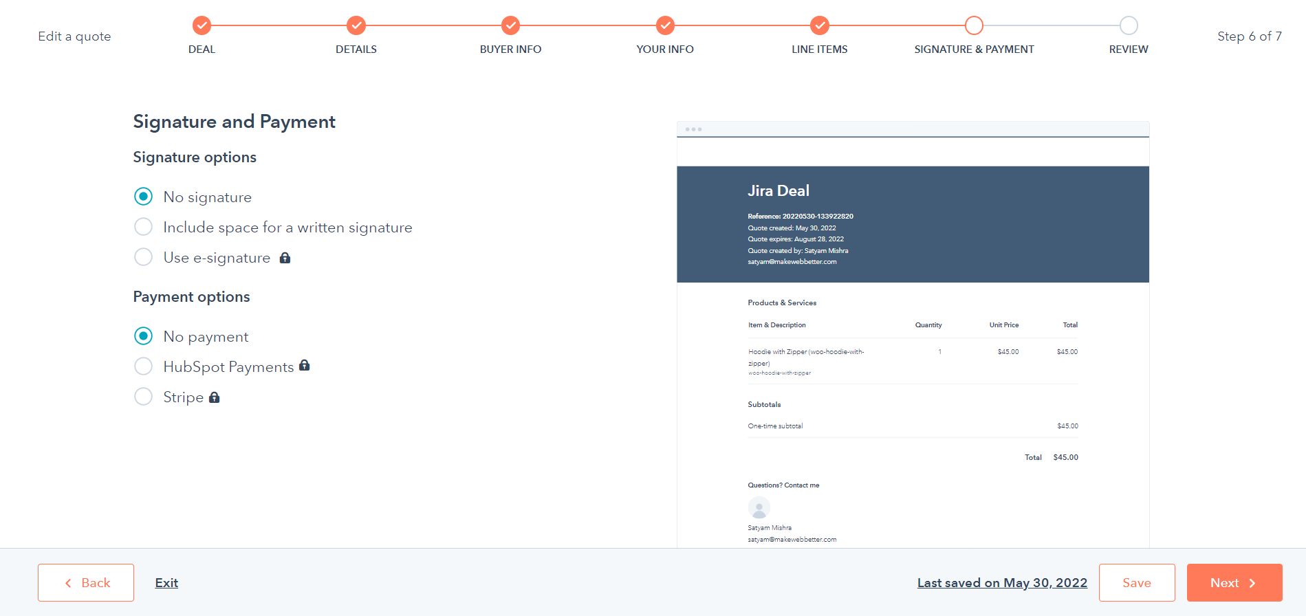 payment detail in quote