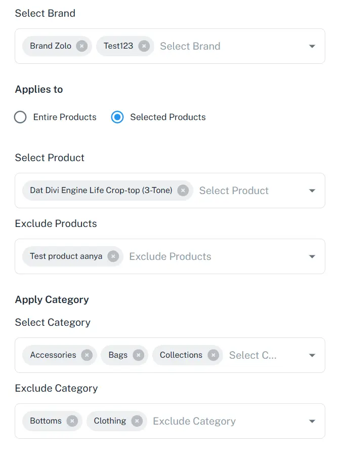 create coupon rule brand product categories