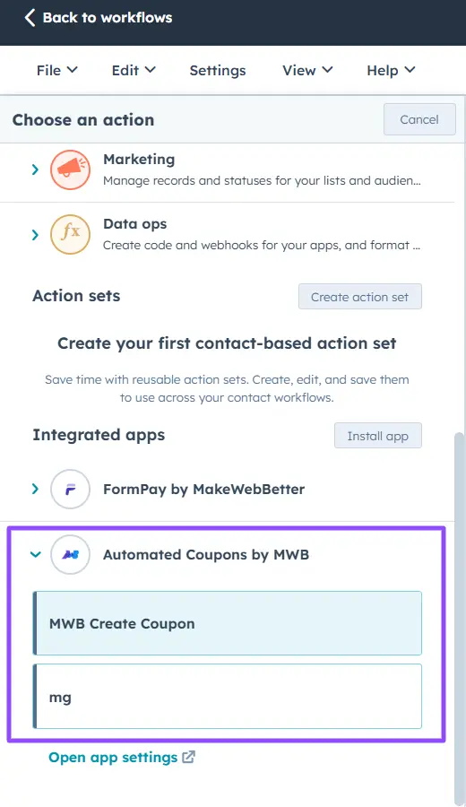 hubspot workflow coupon action