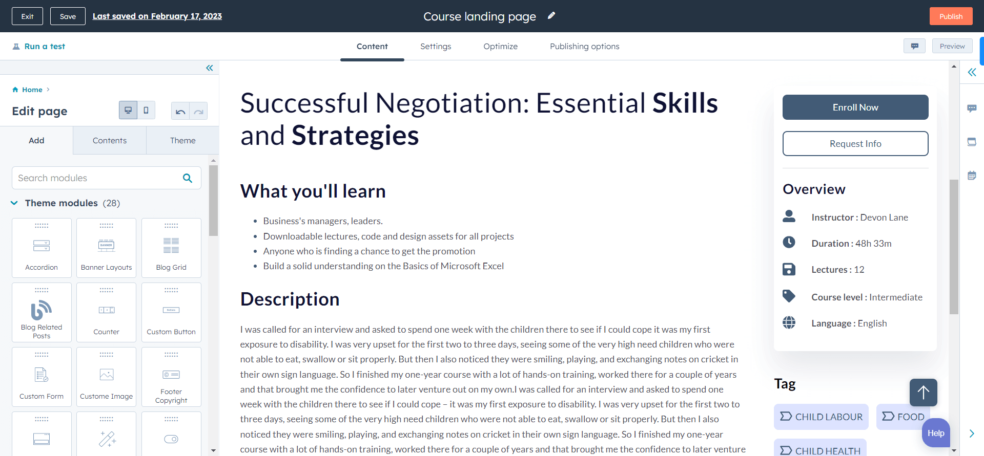 Edit Course landing page