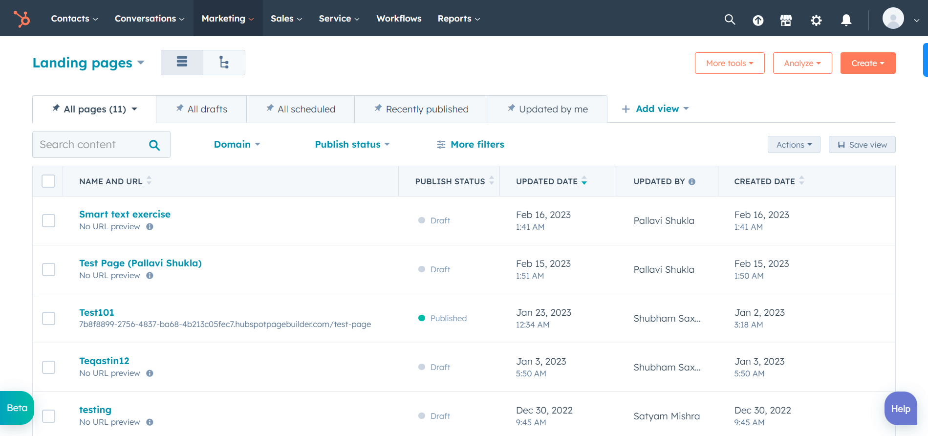 HubSpot landing page list
