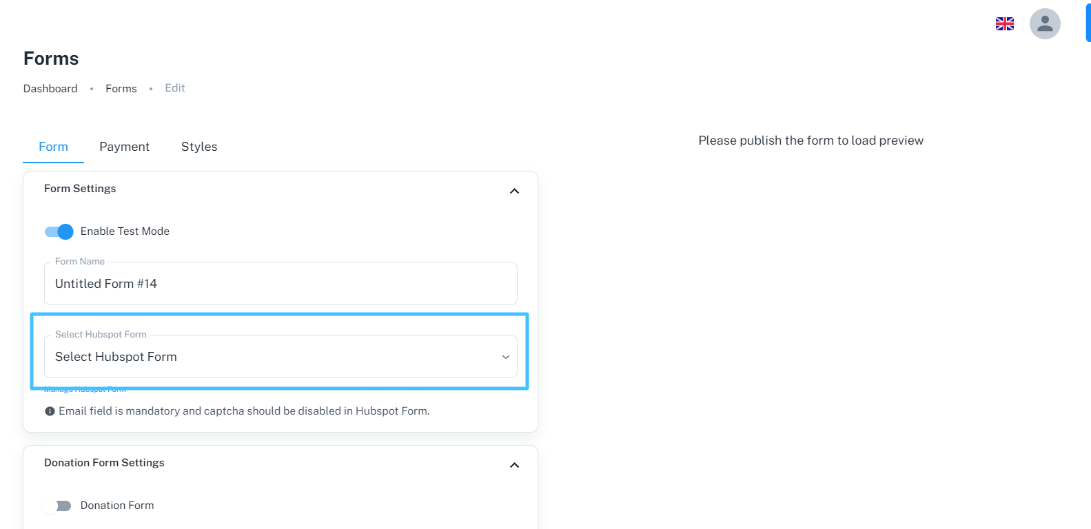 Hubspot form selection formpay