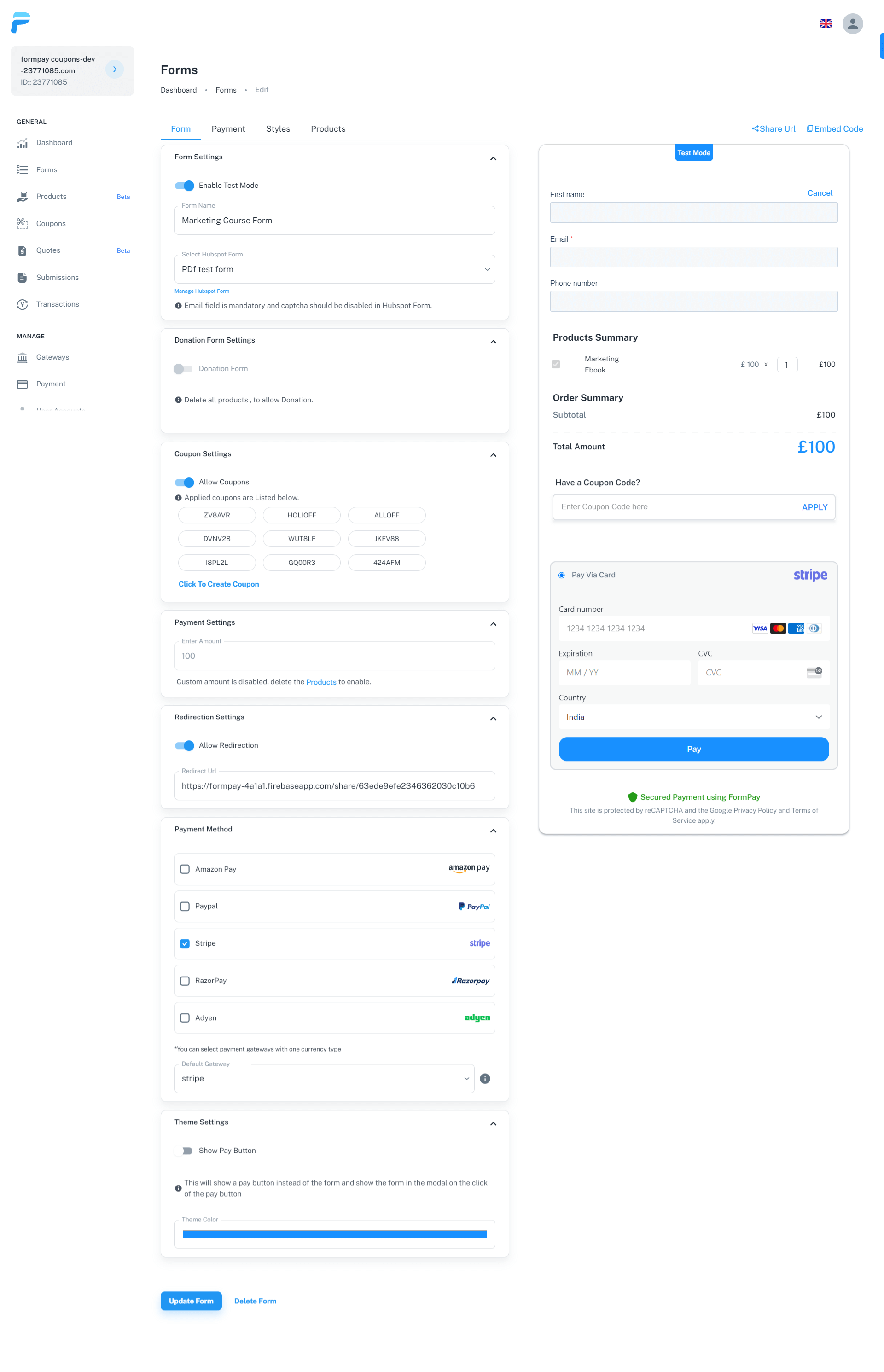 formpay form settings