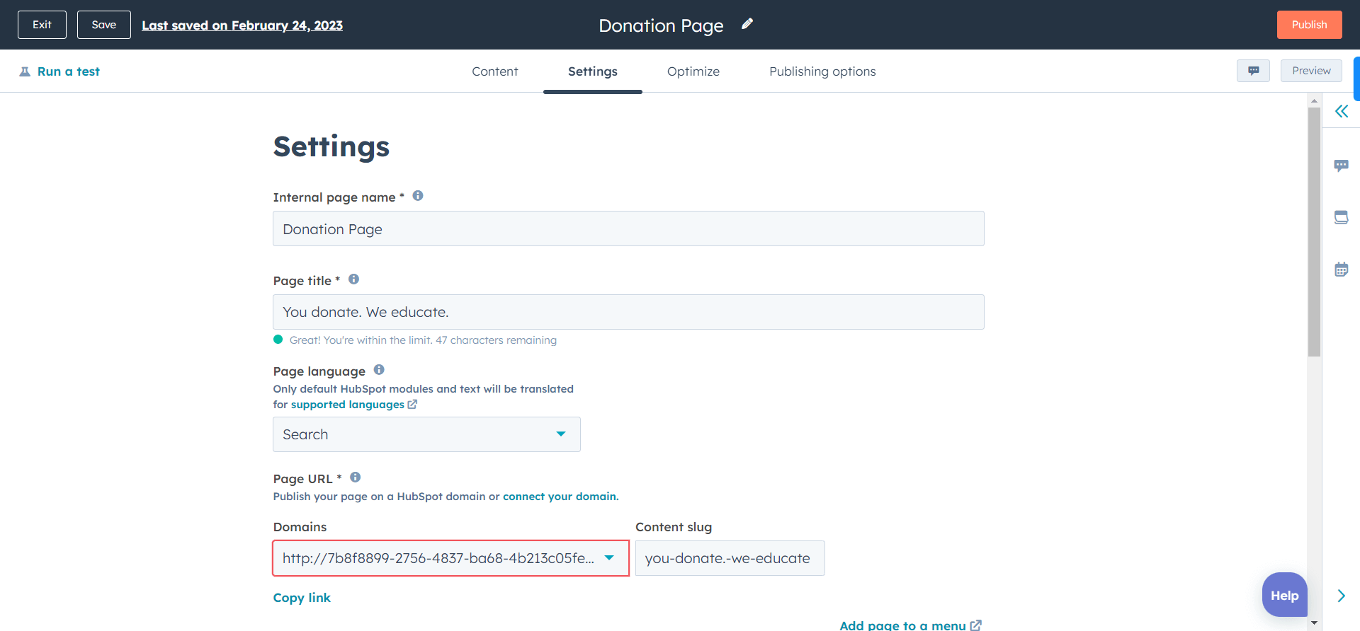 hubspot landing page settings