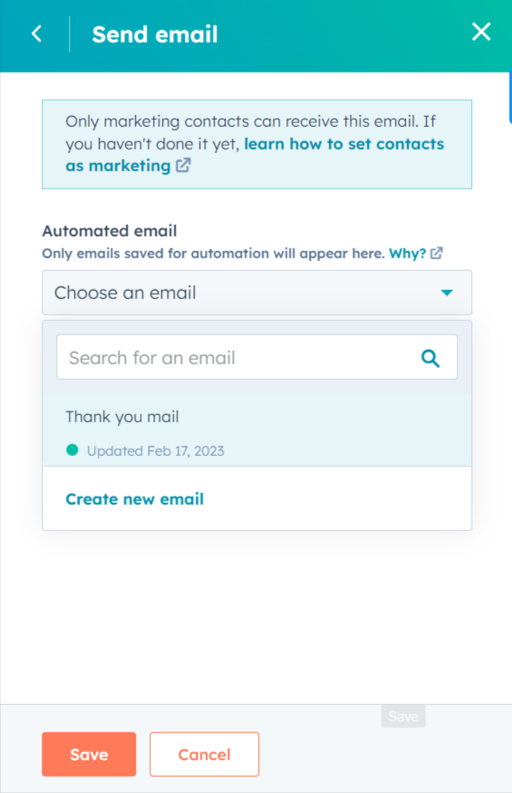 select hubspot workflow email