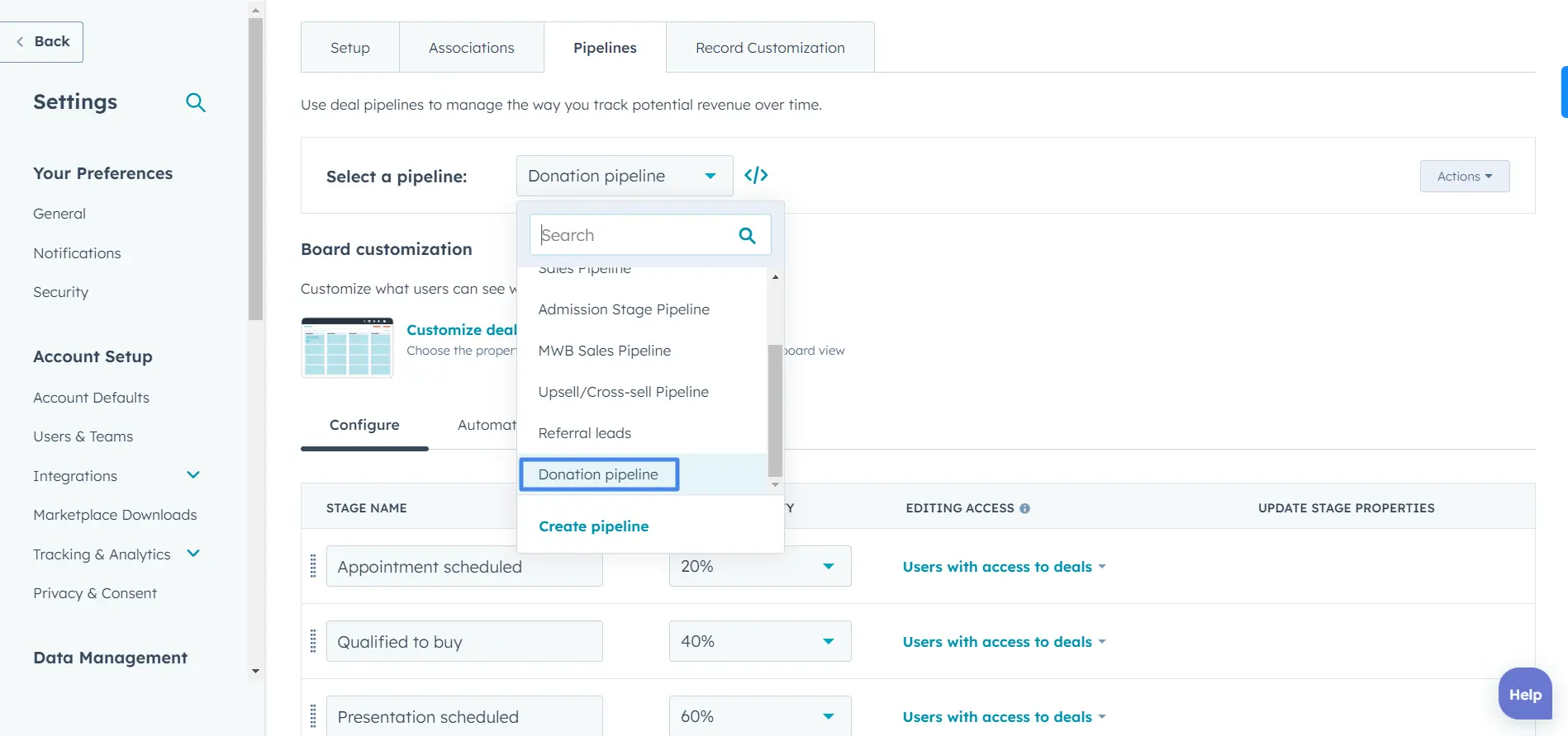 donor pipeline setting