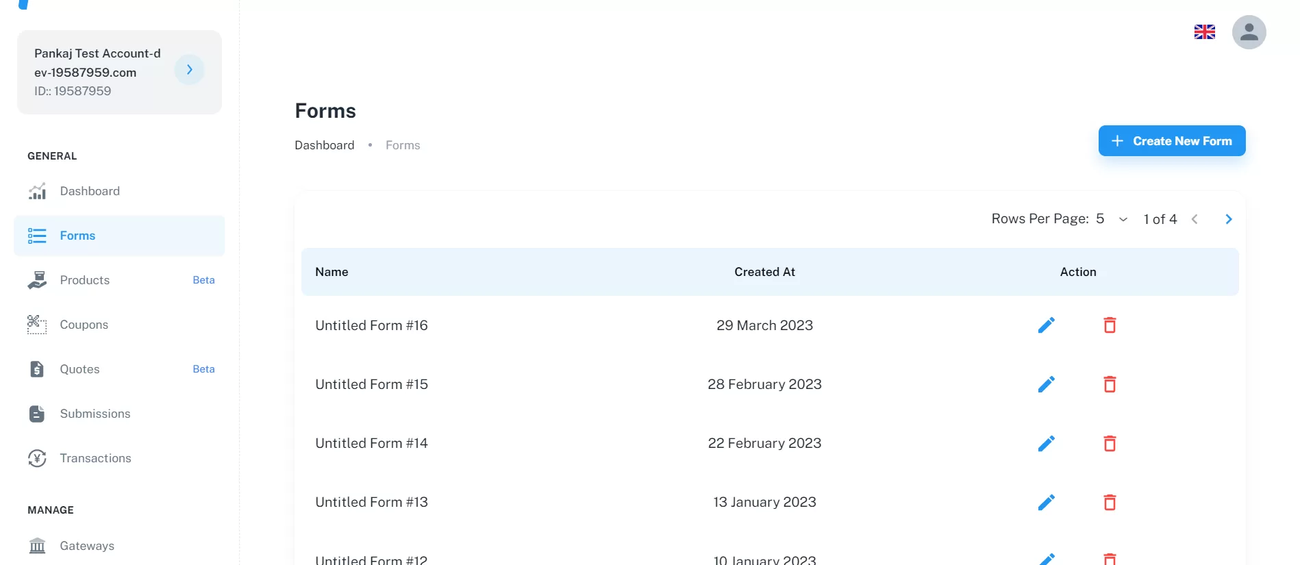 create new payment form