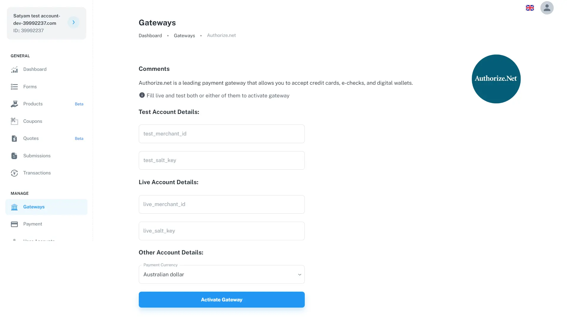 hubspot authorize.net gateway setup