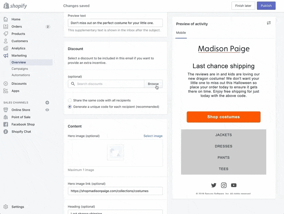 shopify marketing activity creation