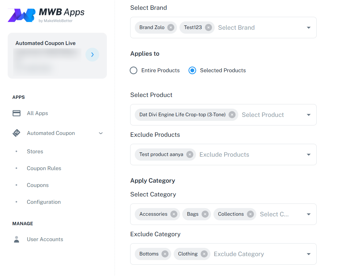 select exclude items coupon rule