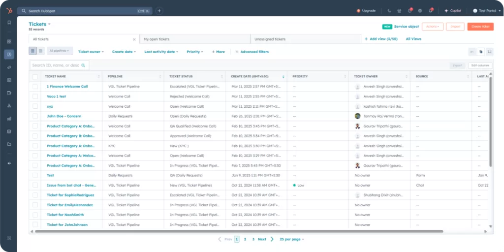 HubSpot CRM offers a unified tickets portal to its users. 