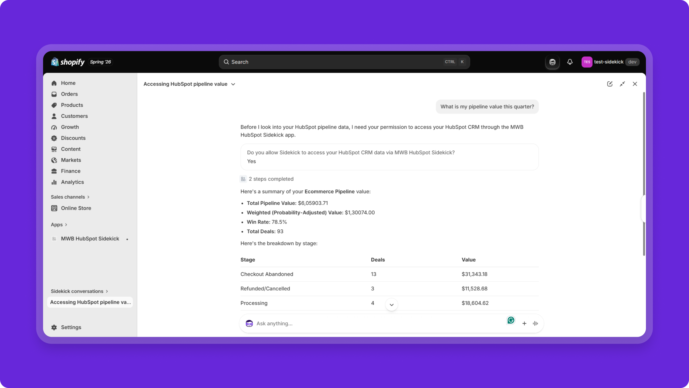 ask shopify sidekick for hubspot insights