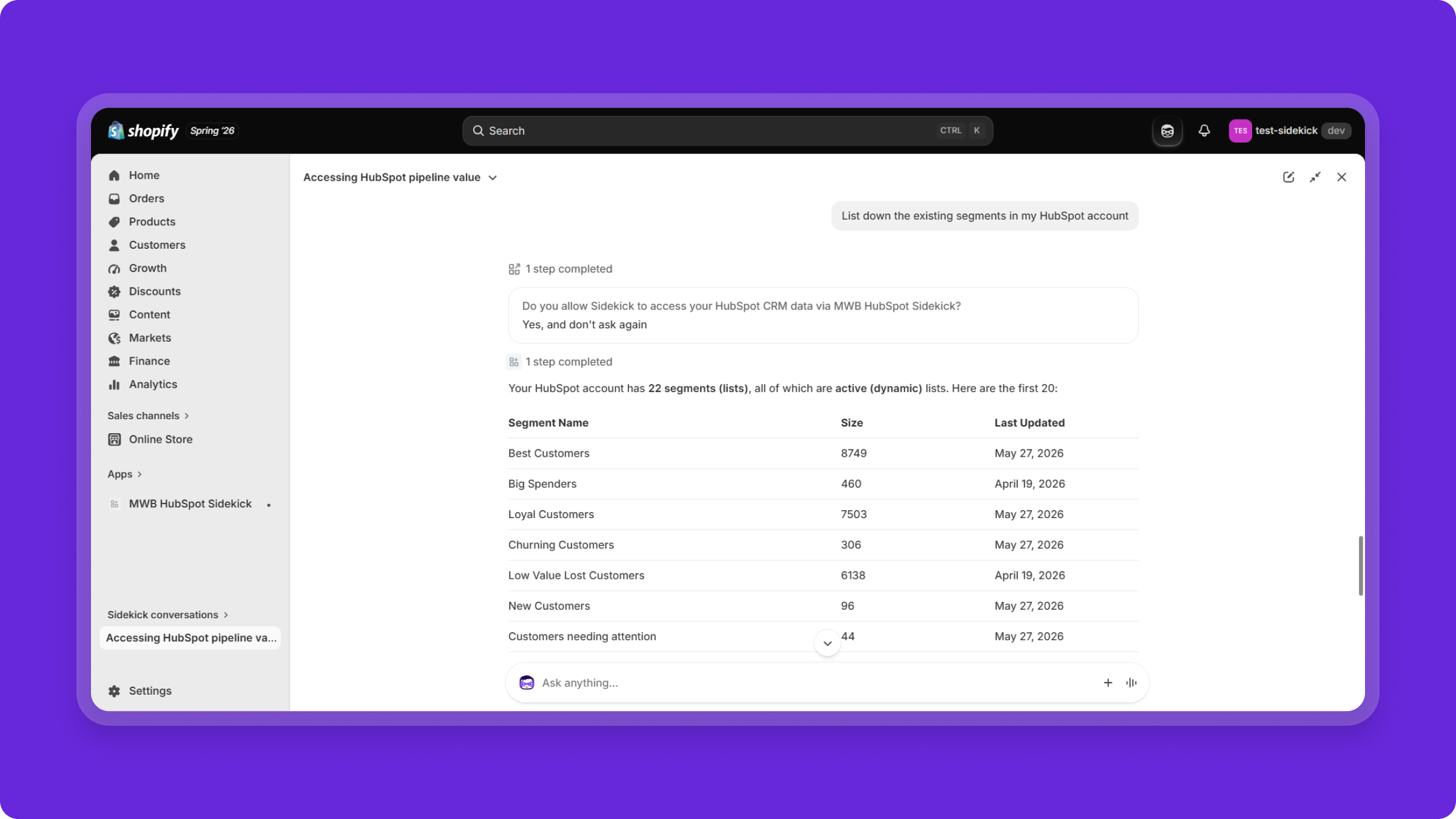 ask shopify sidekick to perform hubspot action