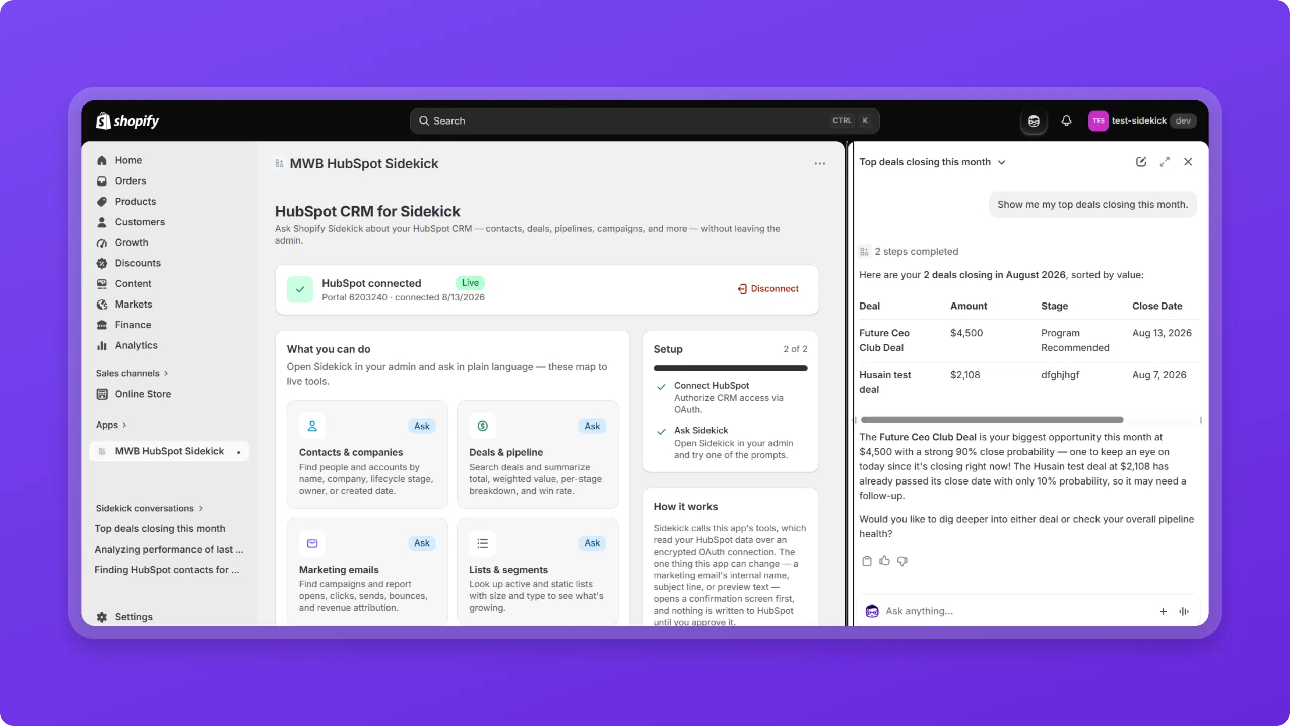 ask sidekick retrieve hubspot insight